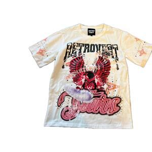 Retrovert Unisex White Short Sleeve Crew Neck Graphic PrintCotton T Shirt Sz S